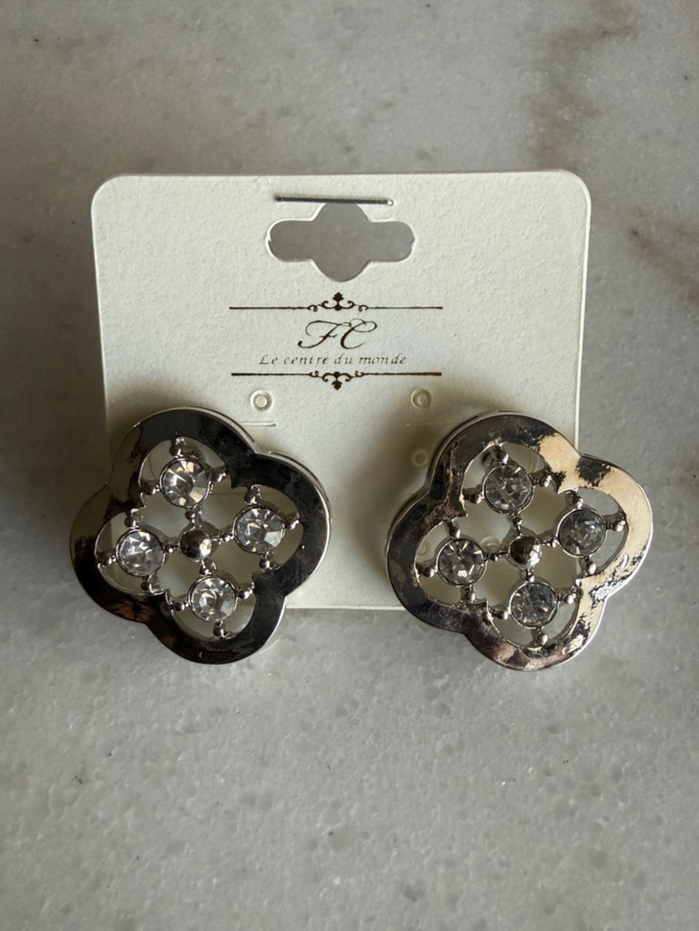 NWT!! Crystal Accent Silver-Tone Clover Post Back Earrings